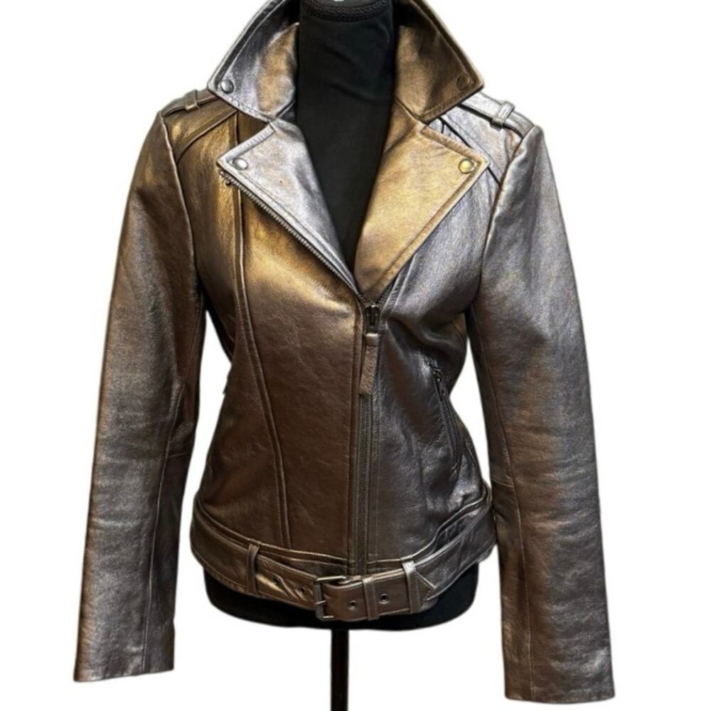 Mackage x Aritzia Metallic Gray Lamb Leather Moto Biker Jacket Small Chic Edgy